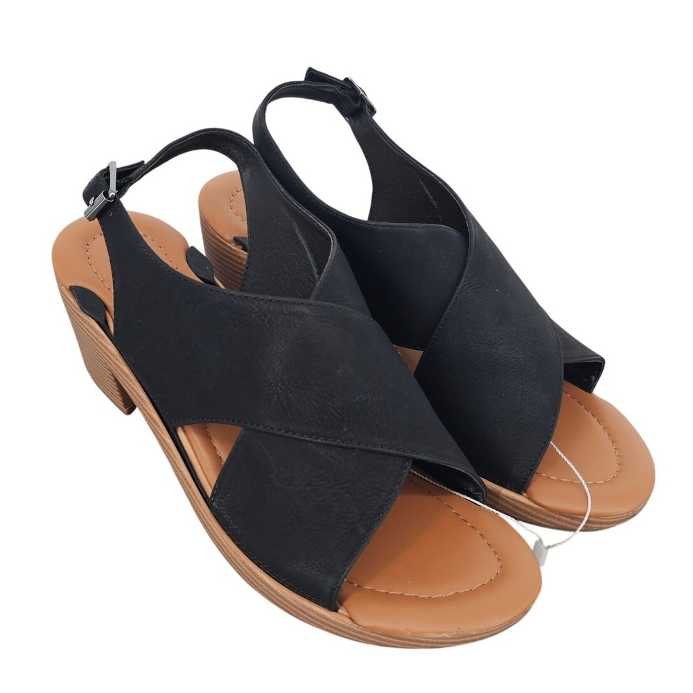Solely Jane Black Crossover‎ Slingback Block Heel Sandals Size 8 Open Toe Buckle